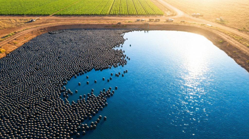 Aerial view of an Australian farm dam with shade ball evaporation cover partially installed, showing black HDPE shade balls protecting the water surface