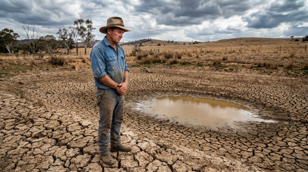 Australian farmer standing at the edge of a nearly empty farm dam on cracked dry clay ground during drought
