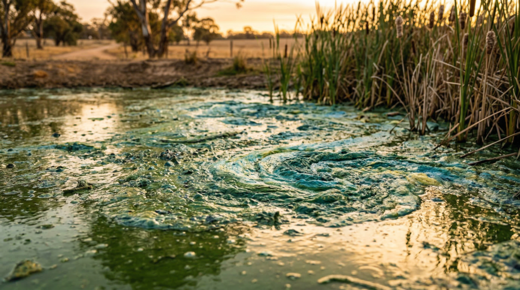 Blue-green algae bloom on a concentrated farm dam in Australia showing water quality deterioration from evaporation